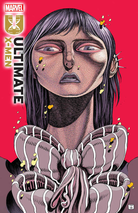 Comic book cover, "Ultimate X-Men," featuring a stylized character portrait with purple hair, striped ruffled collar, and yellow splatter effect against a red background.