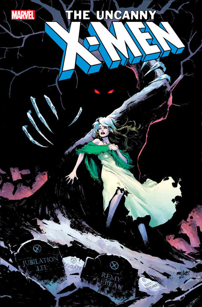Comic book cover art for Marvel's "The Uncanny X-Men" featuring Rogue in a flowing white dress with a green shawl, fleeing from a shadowed figure with glowing red eyes and clawed hands, set against a backdrop of tombstones bearing the names of X-Men characters.