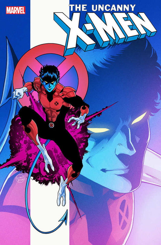 Comic book cover art for "The Uncanny X-Men" featuring Nightcrawler in a red and black X-Men uniform, teleporting through a purple cloud. A larger, blue-toned silhouette of a character's head is in the background.