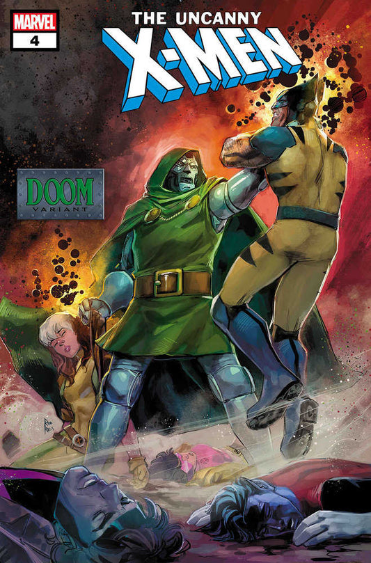 Comic book cover featuring Dr. Doom fighting Wolverine amidst fallen X-Men.
