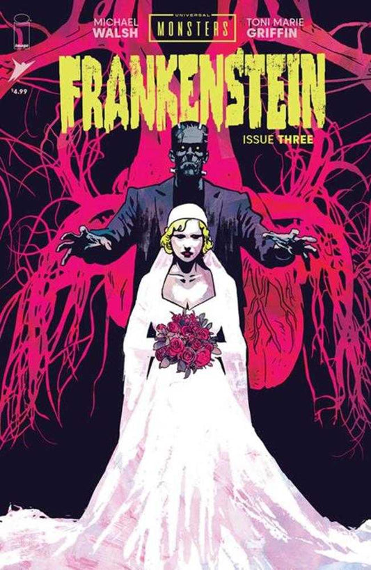 Comic book cover: "Frankenstein" Issue Three. Bride holding roses with the Monster behind her. Dark background with pink neural network.