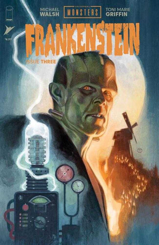 Comic book cover featuring Frankenstein's monster with a machine and burning windmill.