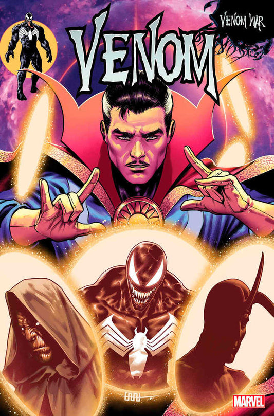 Comic book cover art: Dr. Strange, Venom, hooded figure, horned figure, magical energy circles, "Venom War" title.