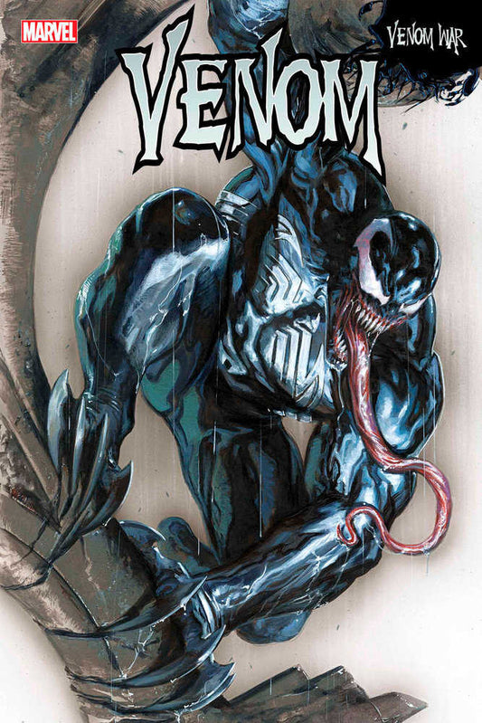 Comic book cover of Venom, with black and blue glossy muscular figure and long, red tongue.