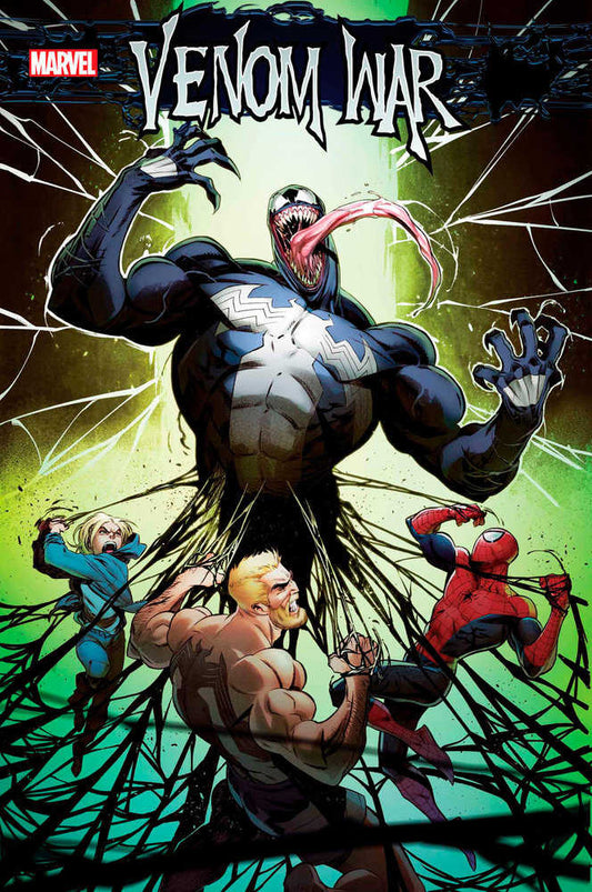 Comic book cover depicting Venom, Spider-Man, and other characters in action against a green and black background.