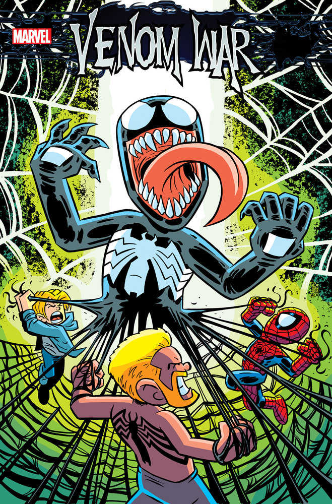 Comic book cover featuring Venom War. Cartoonish Venom with a long tongue, characters caught in webs, and bright colors.