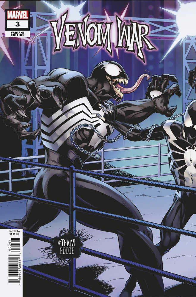 Comic book cover featuring Venom War issue #3 variant edition. Venom character with a long tongue is in action on a wrestling stage.