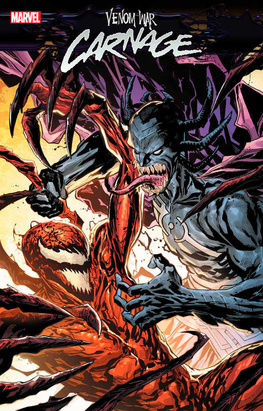 Comic book cover: "Venom War Carnage" featuring the Marvel logo, a blue-skinned, horned monster with a long tongue, facing a red Carnage figure with sharp claws.