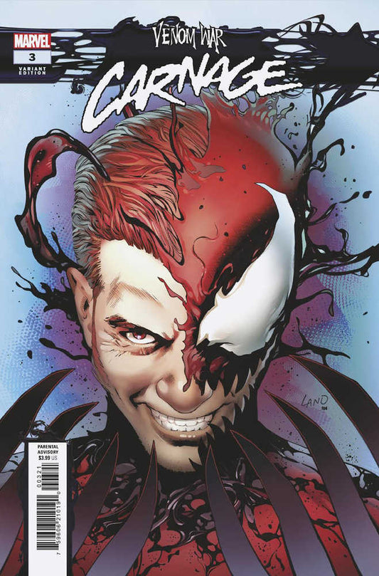 Comic book cover: "Venom War: Carnage" issue 3, featuring a character with half their face human and half covered in a red and white symbiote.
