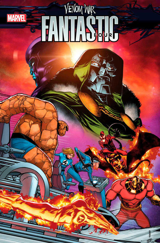 Comic book cover featuring the Fantastic Four, Venom, and Doctor Doom.