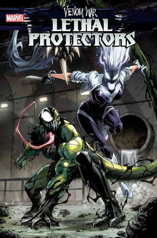 Comic book cover featuring two symbiote characters in a dynamic pose, set in a dark, industrial environment.