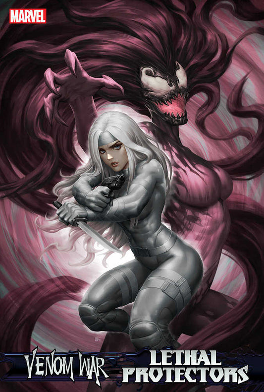 Comic book cover art featuring Silver Sable and a symbiote creature.