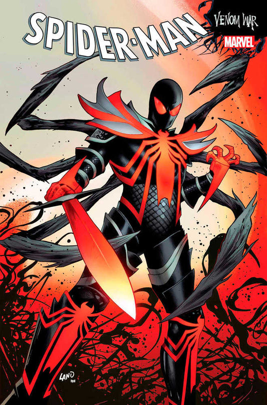 Comic book cover featuring Spider-Man in a black and red armored suit with a spider emblem, standing amidst dark tendrils and a red background, titled "Spider-Man: Venom War."