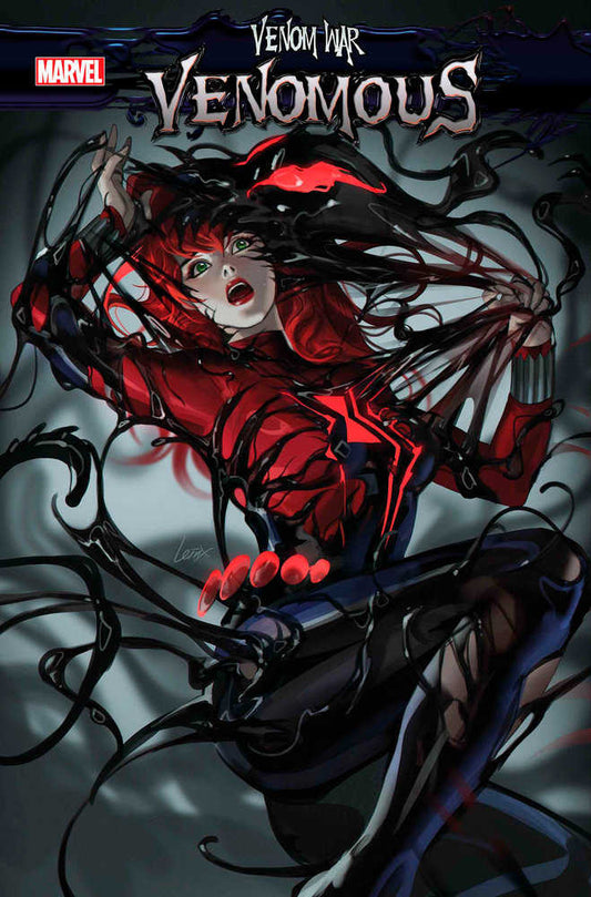 Comic book cover featuring a red-haired woman with green eyes, partially covered in black symbiote tendrils, wearing a red and blue suit with a red spider emblem on her chest. The title "Venom War Venomous" is at the top.