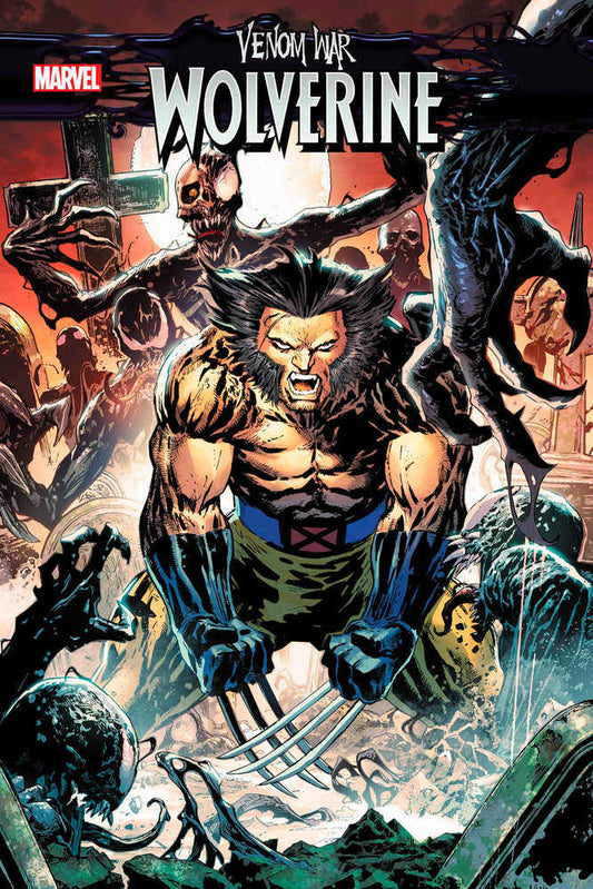 Comic book cover featuring Wolverine with claws extended in front of Venom-infected zombies.