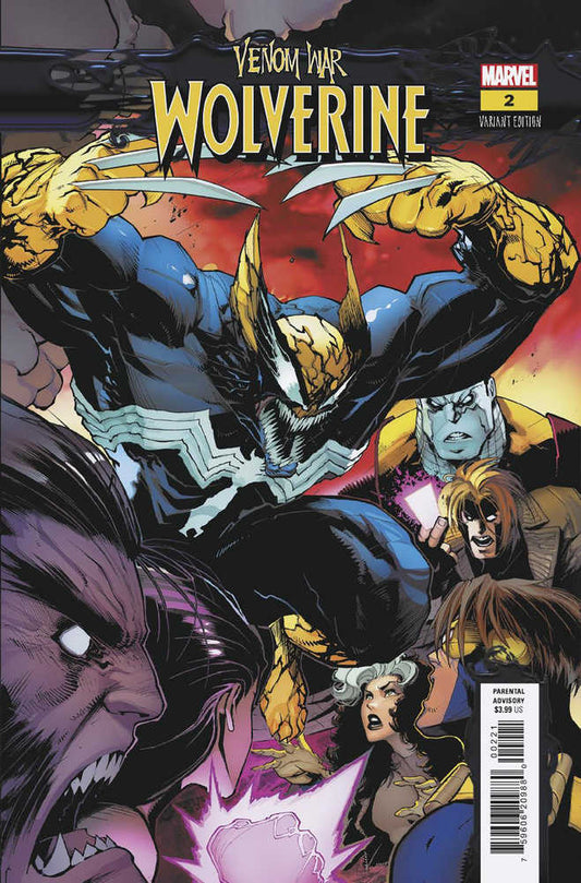Comic book cover: Venom War Wolverine #2 featuring Wolverine infected with Venom leaping with claws extended, battling various X-Men.