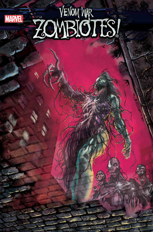 Comic book cover for "Venom War Zombioites!" featuring a zombie-like Venom symbiote woman with dark green hair, pale green skin, sharp claws, and a sinister grin. She's surrounded by smaller Zombioites on a rooftop with a red background.