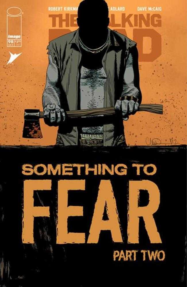 Comic book cover for "The Walking Dead" featuring a silhouette of a man holding an axe. The title "Something to Fear Part Two" is displayed in large orange text.