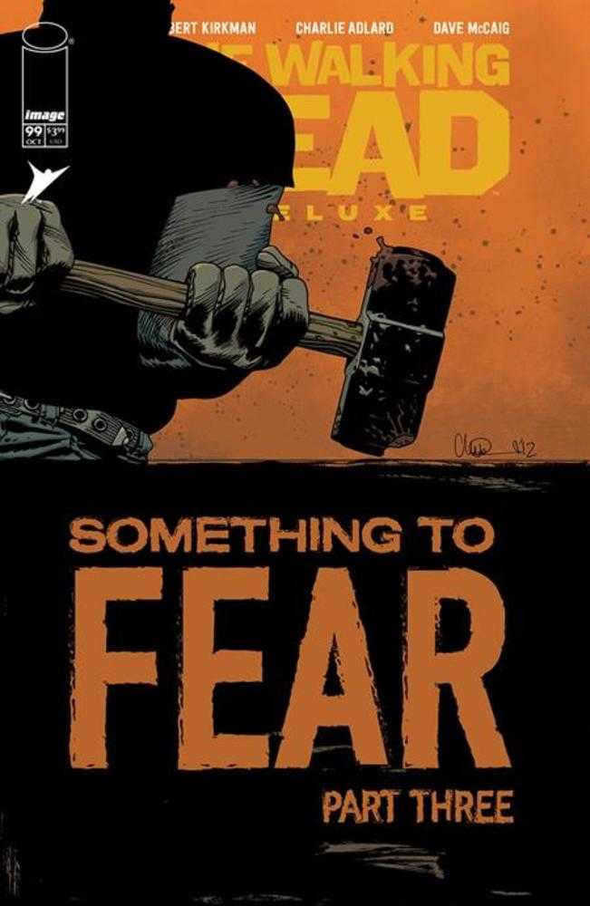 Comic book cover featuring a man holding a hammer. The text reads "The Walking Dead Deluxe" and "Something to Fear Part Three".