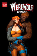 Comic book cover for "Werewolf by Night" featuring a woman with red hair, orange outfit, and blue gloves being embraced by a werewolf. She is holding a gun. "Marvel Red Band Explicit Content" in the upper left corner.