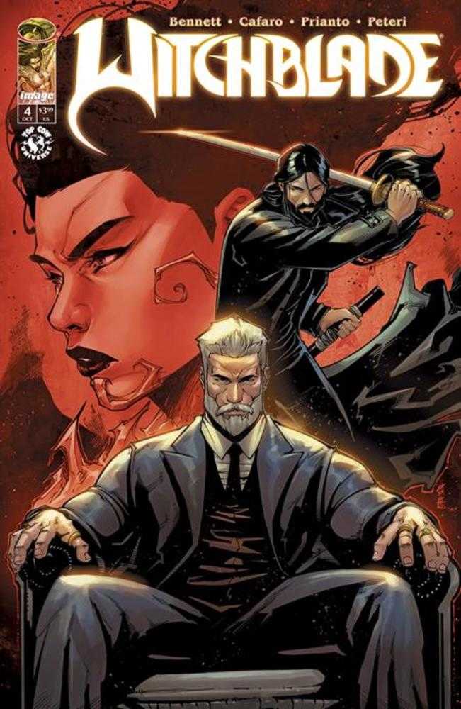 Comic book cover featuring three characters in a red-toned setting, titled "Witchblade". One character wields a sword, another sits on a chair, and a third is depicted in the background.