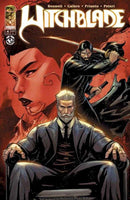 Comic book cover featuring three characters in a red-toned setting, titled "Witchblade". One character wields a sword, another sits on a chair, and a third is depicted in the background.