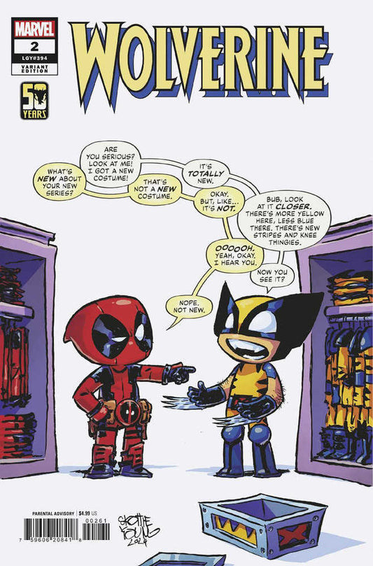 Comic book cover featuring Chibi-style Deadpool and Wolverine characters arguing about Wolverine's costume.