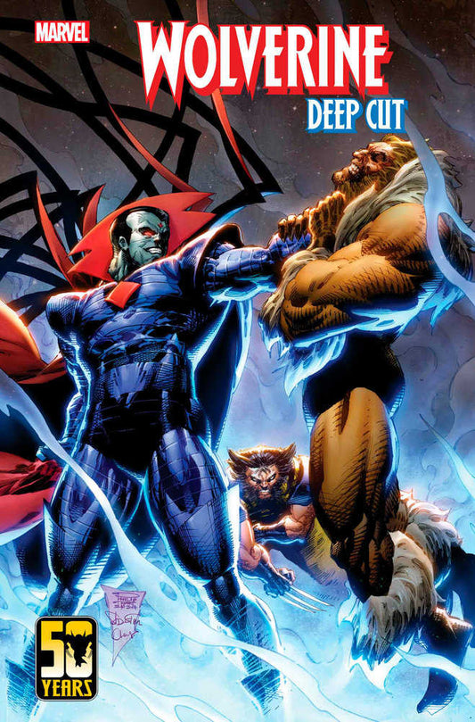 Comic book cover featuring Wolverine, Mister Sinister, and Sabertooth. Wolverine logo at top. Dark background with jagged lines. Blue energy effect. "50 Years" emblem.