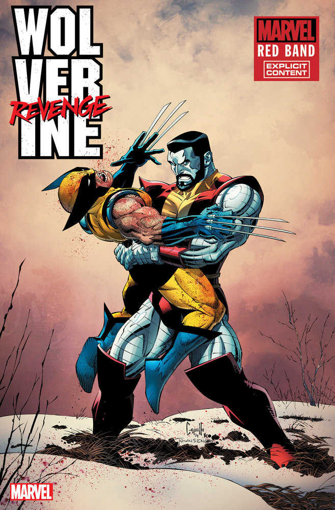Comic book cover depicting Wolverine in a fierce embrace with Colossus, amidst a snowy, barren landscape. Wolverine is in his iconic yellow and blue suit, while Colossus has metallic skin and wears a red and yellow costume. Above them, bold text spells out "Wolverine: Revenge." The cover also features the Marvel logo and a "Red Band Explicit Content" warning.