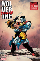 Comic book cover depicting Wolverine in a fierce embrace with Colossus, amidst a snowy, barren landscape. Wolverine is in his iconic yellow and blue suit, while Colossus has metallic skin and wears a red and yellow costume. Above them, bold text spells out "Wolverine: Revenge." The cover also features the Marvel logo and a "Red Band Explicit Content" warning.