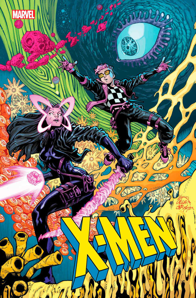 Comic book cover: two X-Men characters, black and pink accents, dynamic poses, psychedelic background, "X-Men" title.