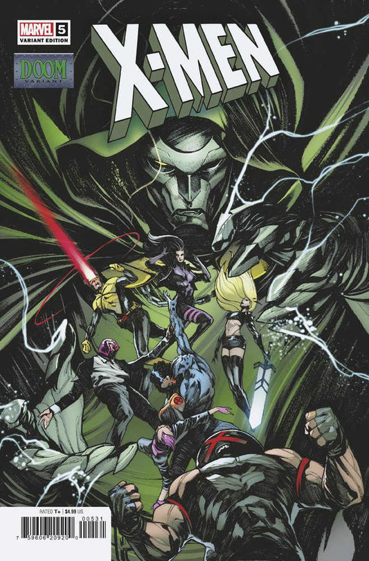 Comic book cover featuring a large image of Doctor Doom and multiple X-Men characters.