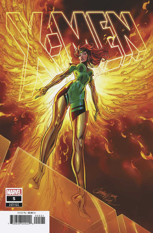 Comic book cover featuring Jean Grey as Phoenix. Fiery wings, green and gold costume. Title: "X-Men."