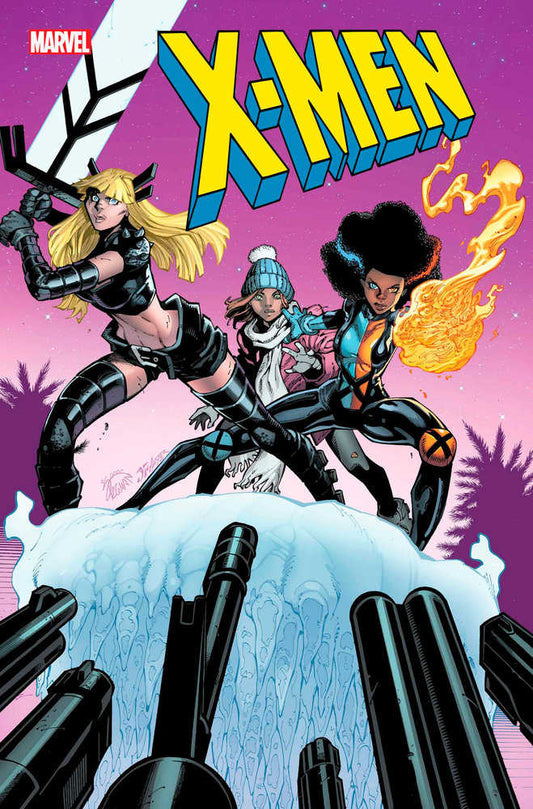 Comic book cover of X-Men with three female figures wielding powers atop a blue ice formation with gun barrels protruding, against a pink and purple sky.