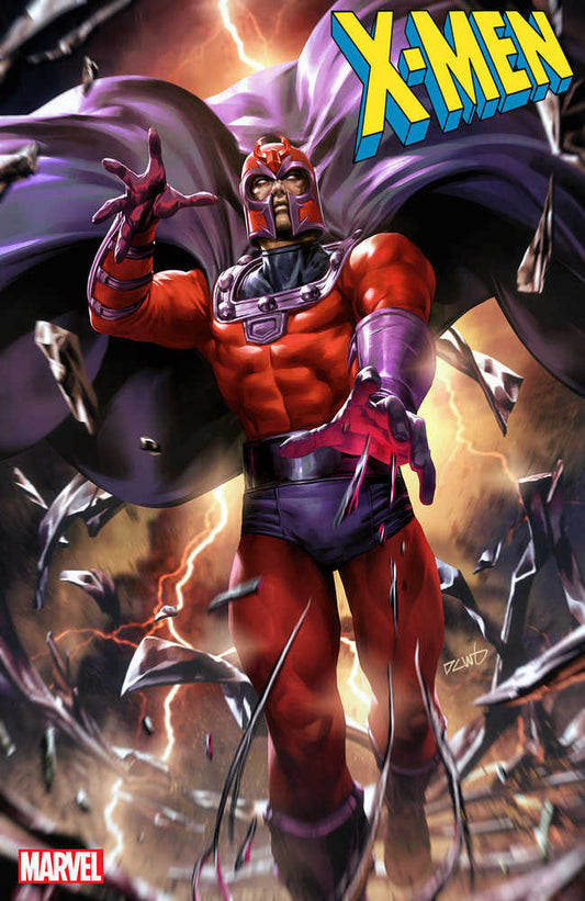 Comic book cover featuring the character Magneto in a red and purple costume with the X-Men logo in yellow. He is surrounded by metal shards and lightning.