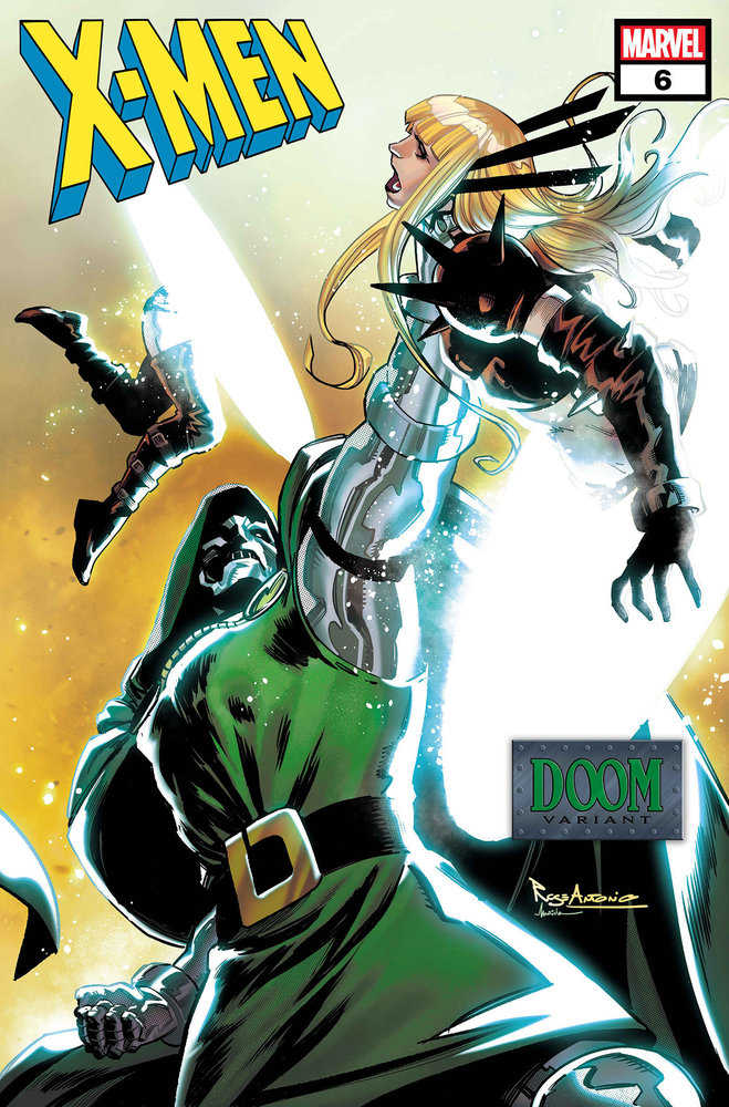 Comic book cover of X-Men #6, featuring Dr. Doom looming over a blonde-haired woman in a silver and black costume. Doom wears his green cloak and silver armor, a "Doom Variant" label in the corner.
