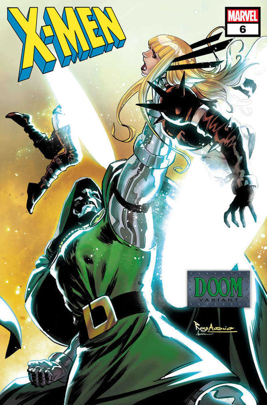 Comic book cover of X-Men #6, featuring Dr. Doom looming over a blonde-haired woman in a silver and black costume. Doom wears his green cloak and silver armor, a "Doom Variant" label in the corner.