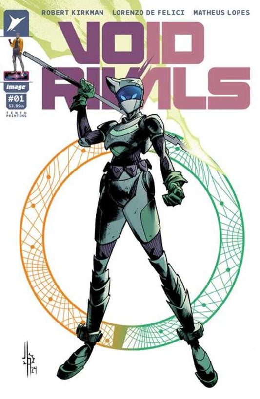 Comic book cover with a character in futuristic armor, holding a sword-like weapon.
