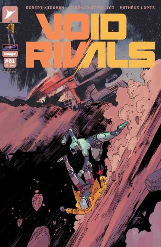 Comic book cover: "Void Rivals" issue #1. Two figures in sci-fi suits falling, crashed spaceship in the background.