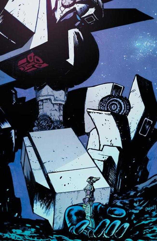 Comic book art: massive robot, smaller robotic figure.