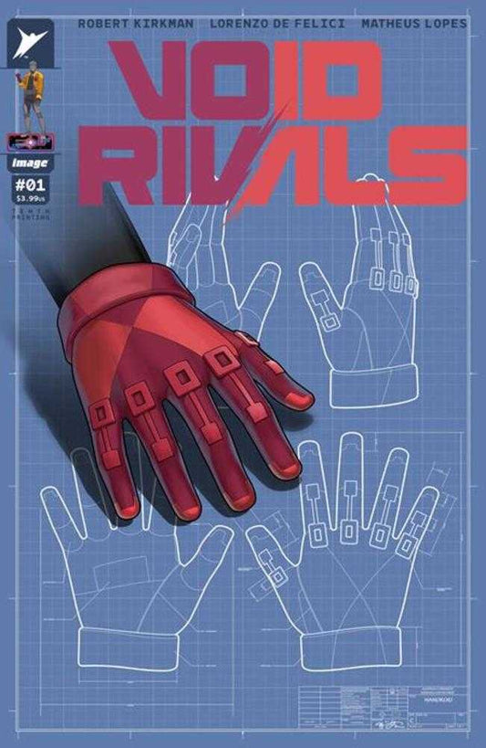Comic book cover featuring a red hand on a blue blueprint-style background.
