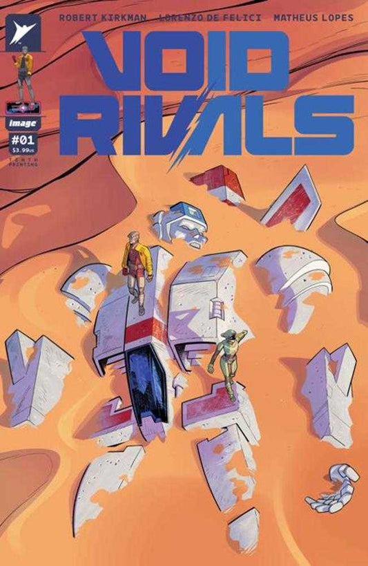 Comic book cover for "Void Rivals" #1. The cover features two people standing on a partially buried, giant robot in a sandy environment.