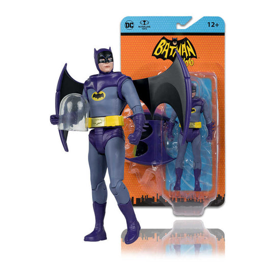 Batman '66 action figure with clear helmet accessory. Purple and gray costume with yellow belt and Batman logo. Orange background.
