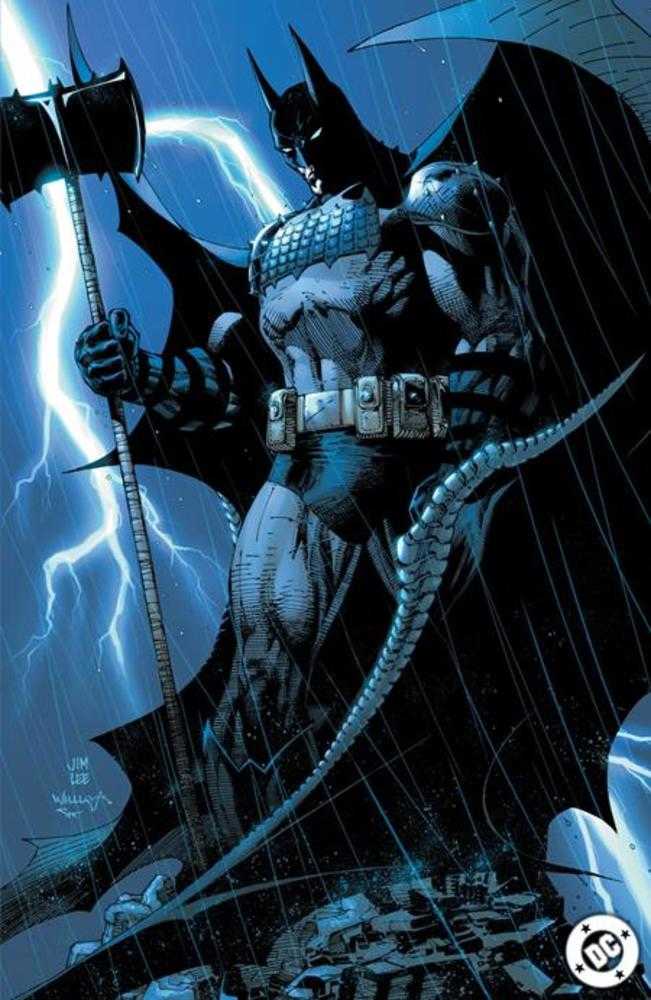 Comic book image of Batman with a weapon in a rainy, stormy environment.