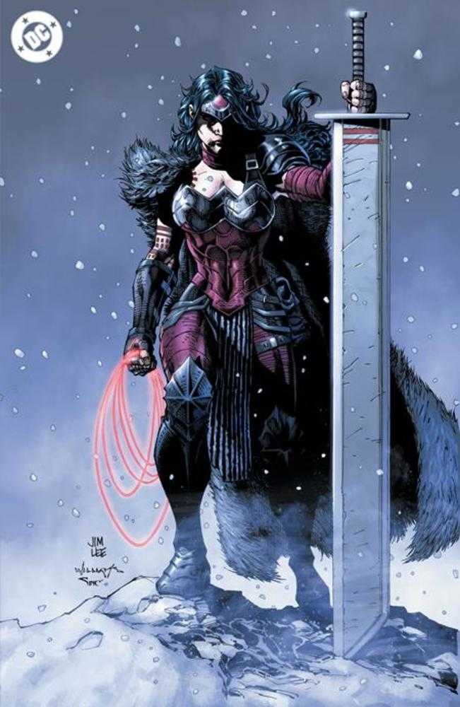 Comic book image of Wonder Woman in a fur-trimmed costume, holding a large sword and Lasso of Truth in a snowy landscape.