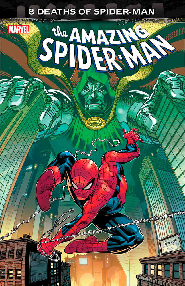Marvel comic book cover featuring Spider-Man swinging in front of a looming Dr. Doom.
