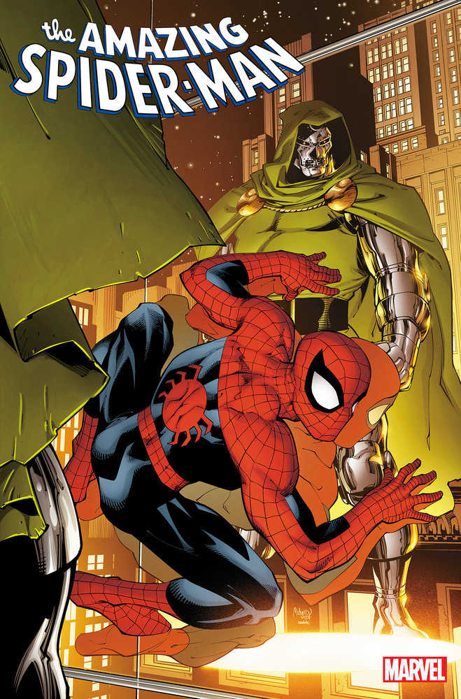 Comic book cover art featuring Spider-Man kneeling near Doctor Doom.
