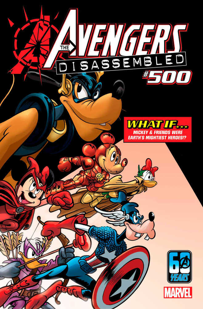 Comic book cover featuring Disney characters as the Avengers. Goofy as Vision, Mickey Mouse as Iron Man, Minnie Mouse as Scarlet Witch, Daisy Duck as Hawkeye, and Goofy as Captain America.  The cover reads "Avengers Disassembled #500" and "What if... Mickey and friends were Earth's Mightiest Heroes!?"
