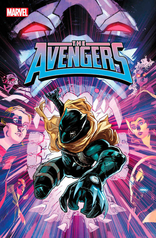Comic book cover featuring Black Panther in a dynamic pose, surrounded by other Avengers characters and energy effects.