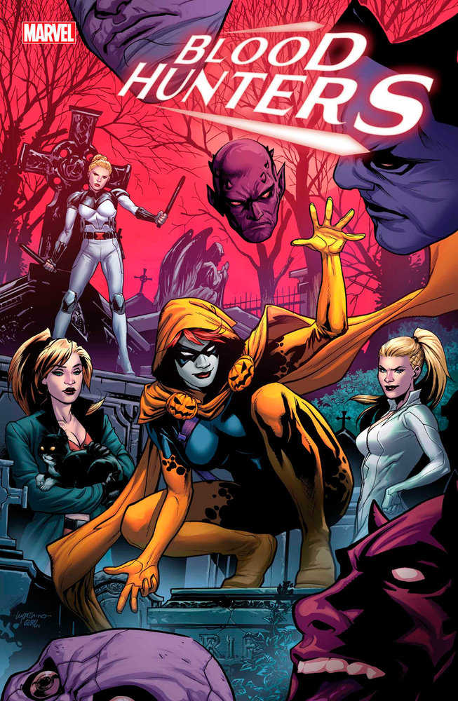 Comic book cover for Marvel's "Blood Hunters" featuring several characters in a cemetery, including a woman in white holding weapons, a character in a hooded orange and blue costume, and various purple-skinned figures.